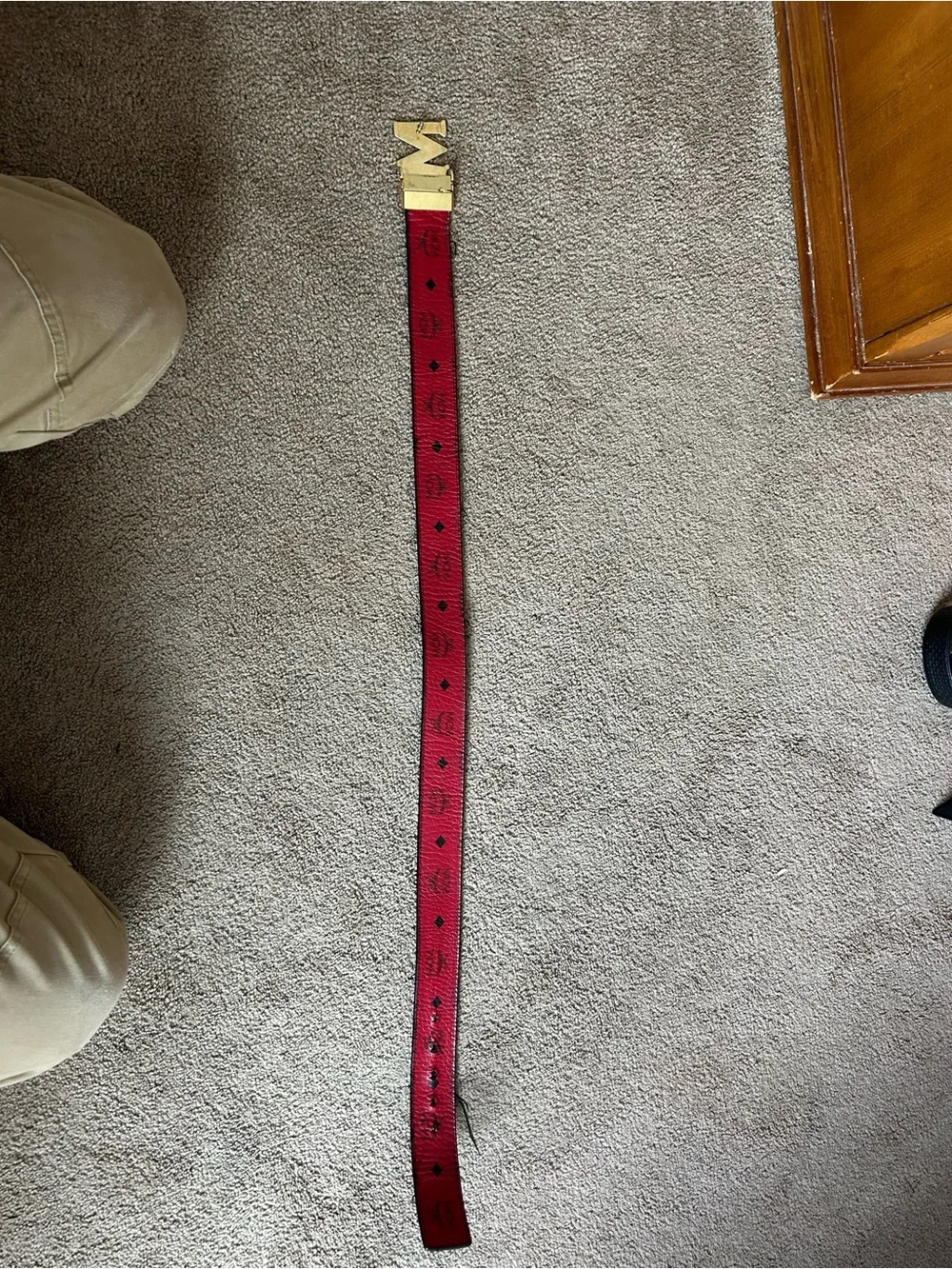 MCM Men's Black Leather Belt with Gold M Logo Buckle
